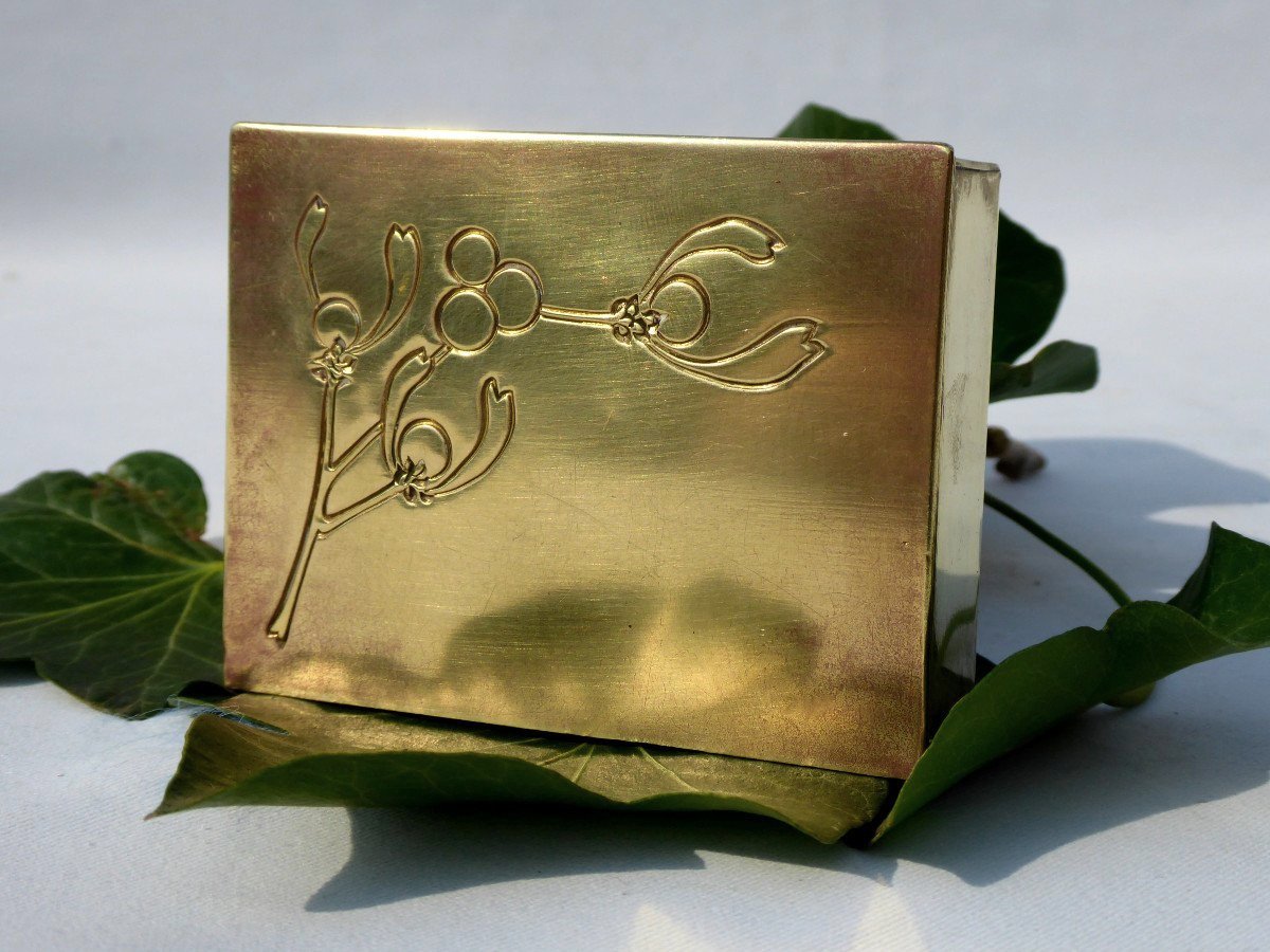 Golden Metal Stamp Box, 1900 Art Nouveau Style, Stamp, Nineteenth Mistletoe Decor