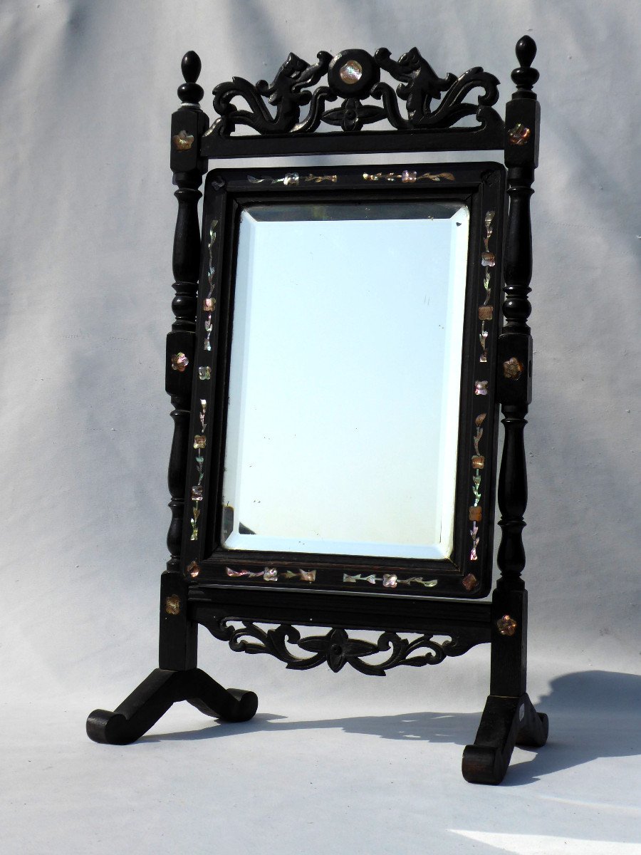 19th Asia Travel Mirror, Napoleon III Period Psyche, Vietnam / China Mother Of Pearl And Blackened Wood
