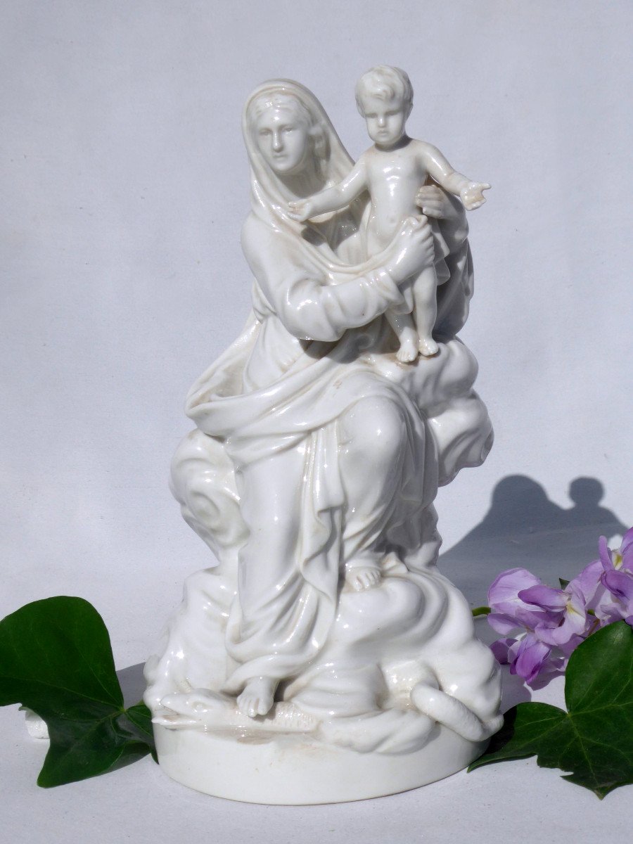 Vierge à l'Enfant En Porcelaine Allemande , Terrassant Le Serpent , XIXe Statue Religieuse