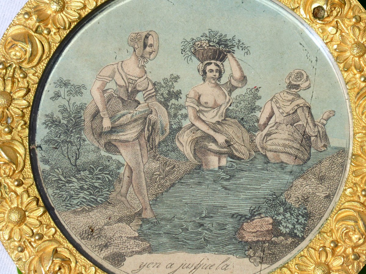 Gravure Colorisée , Scène érotique XIXe 1840 Cadre Bronze Doré Décor De Fleurs Curiosa Erotique-photo-2