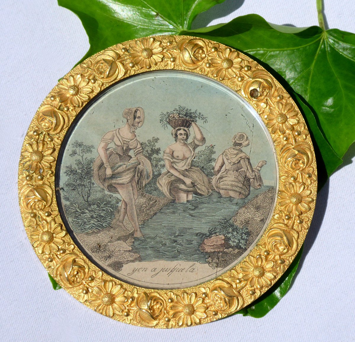 Gravure Colorisée , Scène érotique XIXe 1840 Cadre Bronze Doré Décor De Fleurs Curiosa Erotique