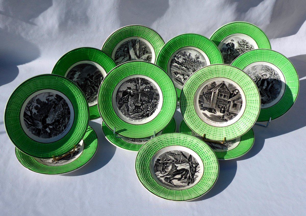 Series Of 12 Earthenware Plates Of Digoin Dessert Hunting Decor / Humorous Hunting Nineteenth-photo-2
