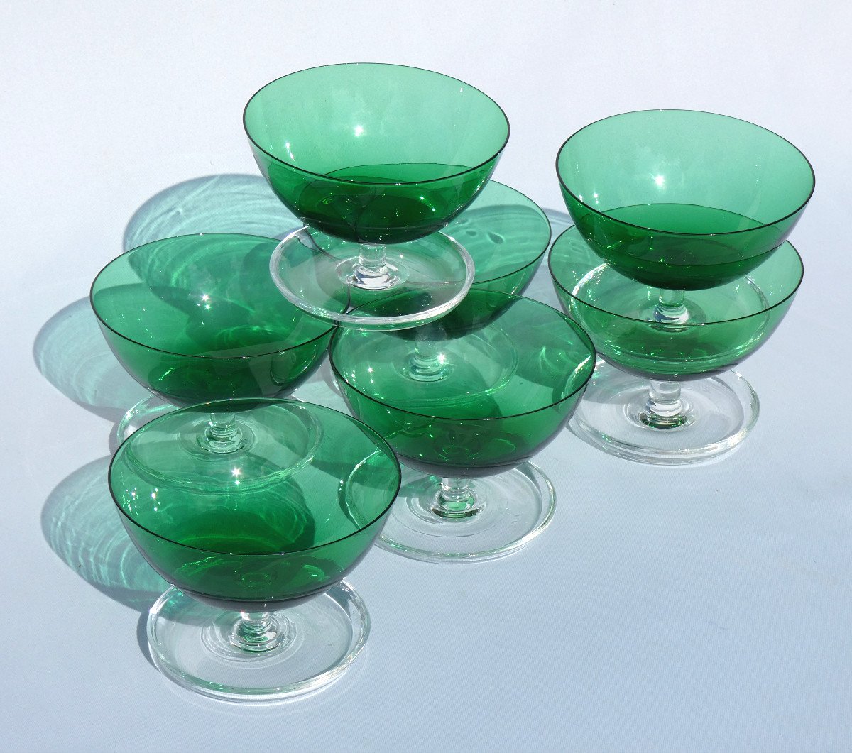 Series Of 7 Fruit / Cherry Ice Cream Cups, Art Deco Crystal, Blue Green, 1900 Glass Bowls-photo-2