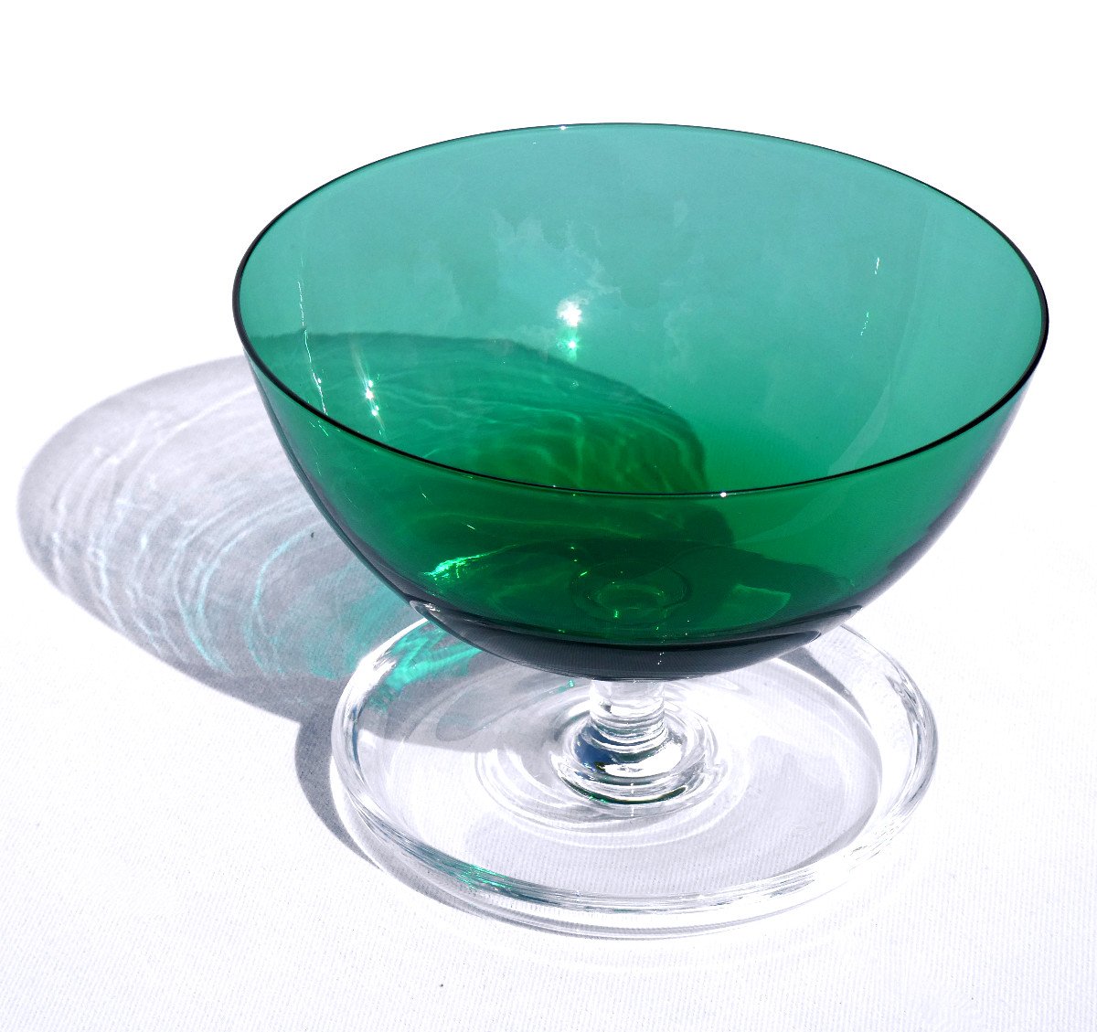 Series Of 7 Fruit / Cherry Ice Cream Cups, Art Deco Crystal, Blue Green, 1900 Glass Bowls-photo-1