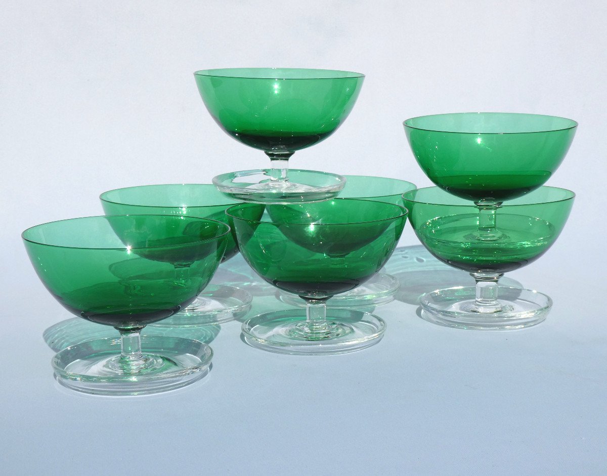 Series Of 7 Fruit / Cherry Ice Cream Cups, Art Deco Crystal, Blue Green, 1900 Glass Bowls