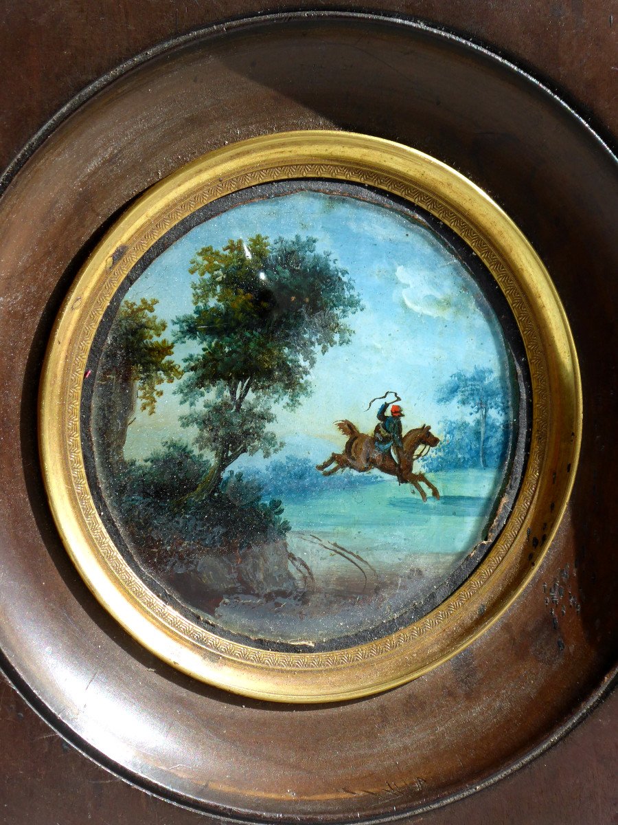 Miniature Painted Fixed Under Glass, Rider And Nineteenth Landscape, Napoleon III Horse-photo-2
