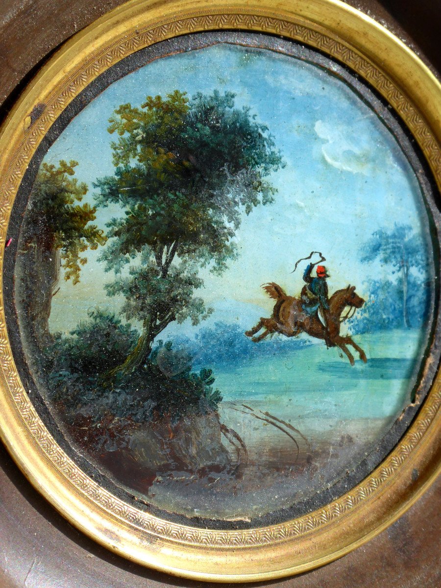 Miniature Peinte En Fixe Sous Verre , Cavalier Et Paysage XIXe , Cheval Napoléon iii-photo-3