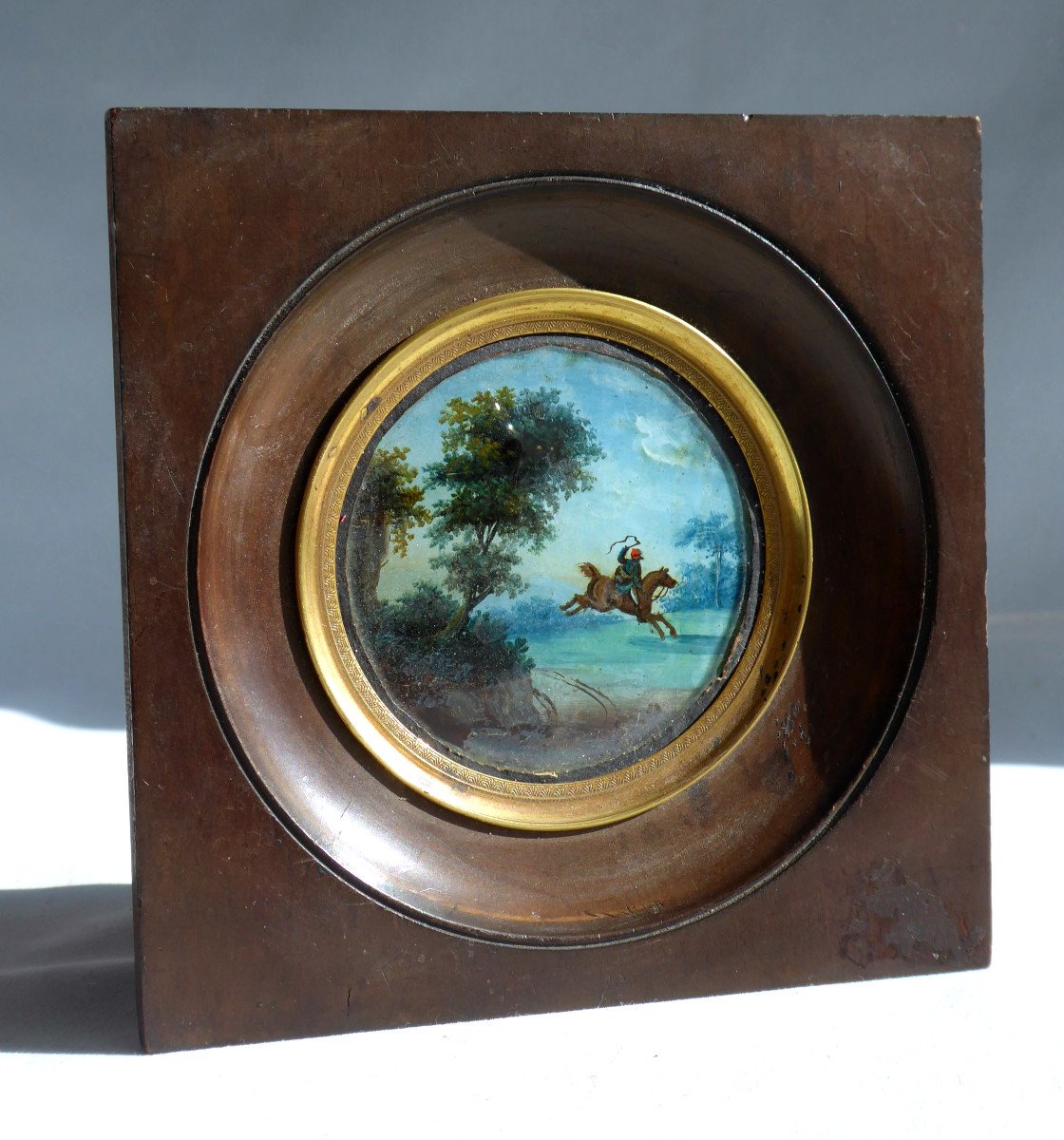 Miniature Peinte En Fixe Sous Verre , Cavalier Et Paysage XIXe , Cheval Napoléon iii