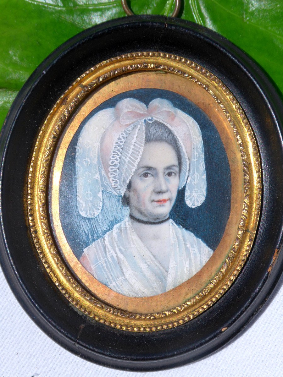 Miniature Painted Eighteenth Century Headdress Regionale Normandy, Portrait Of Woman-photo-2