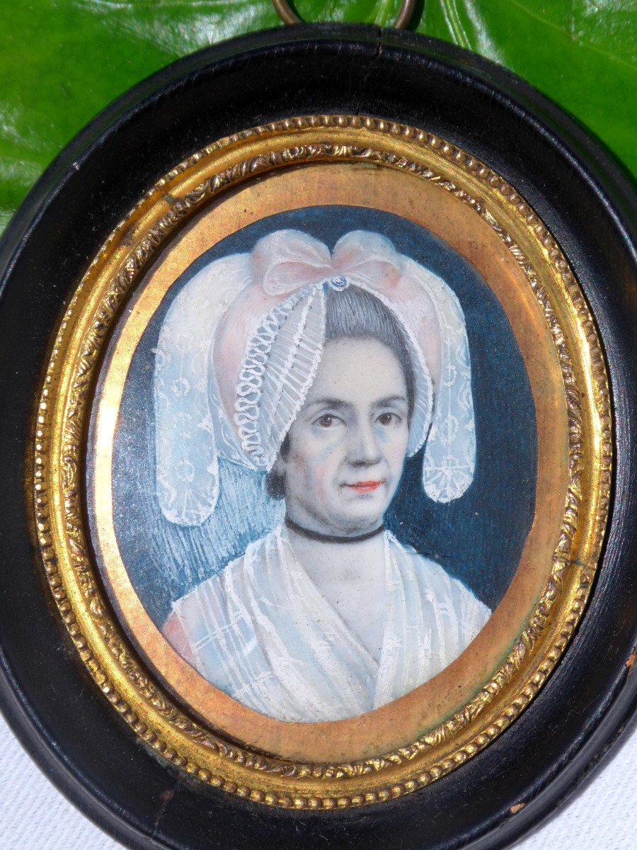 Miniature Painted Eighteenth Century Headdress Regionale Normandy, Portrait Of Woman-photo-3