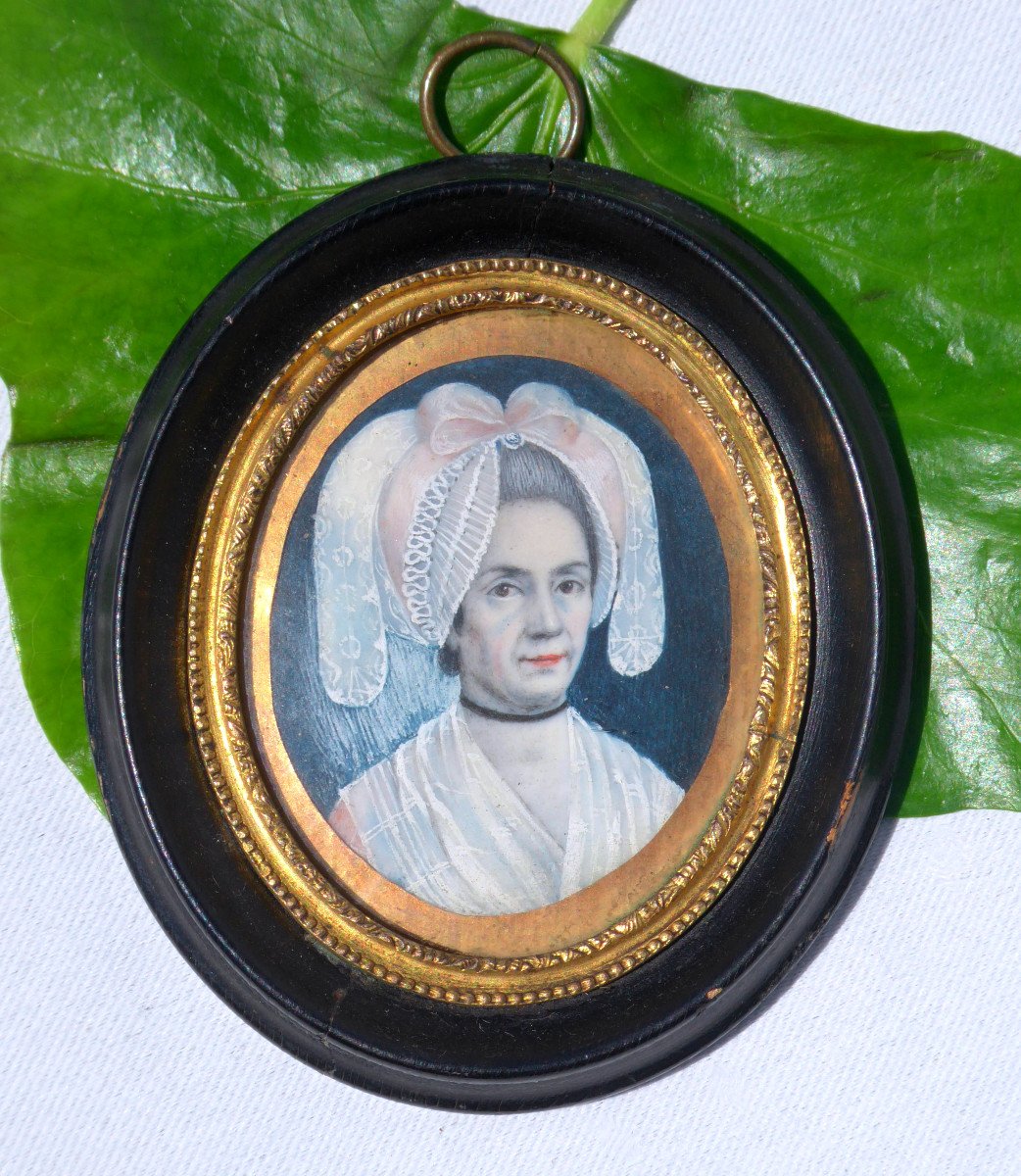 Miniature Painted Eighteenth Century Headdress Regionale Normandy, Portrait Of Woman