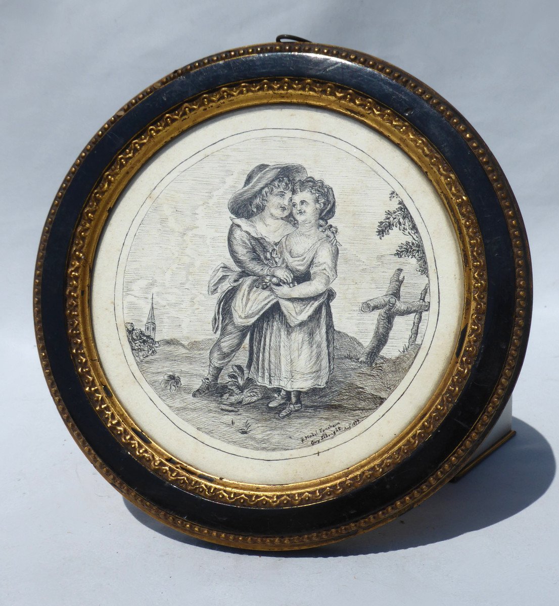 Dessin à l'Encre De Chine , époque Napoléon III , Scène Romantique Cadre XIXe Couple d'Enfants