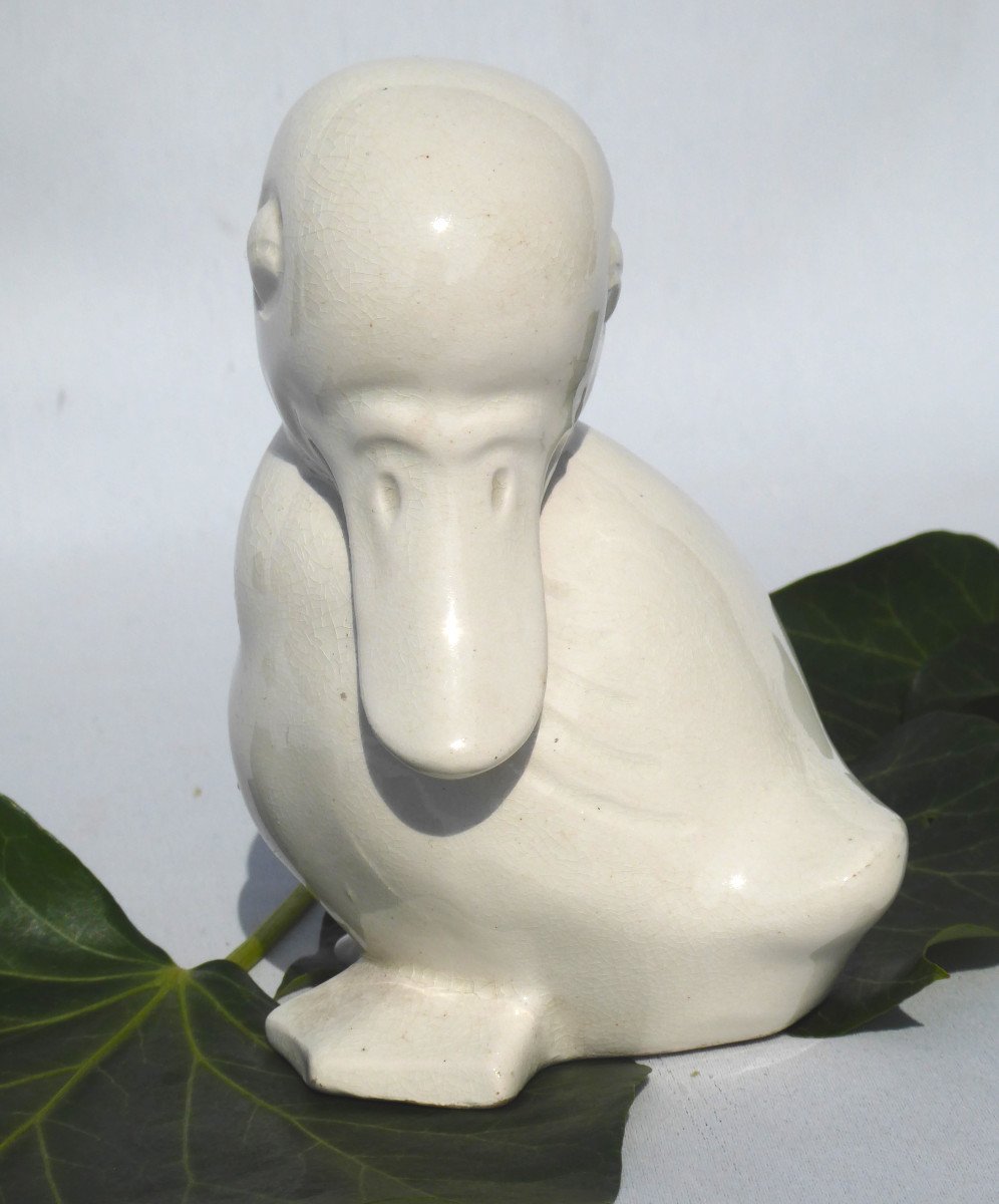 Caneton En Faience Blanche Craquelée De Saint Clement Luneville Epoque 1930 Canard Art Deco-photo-2