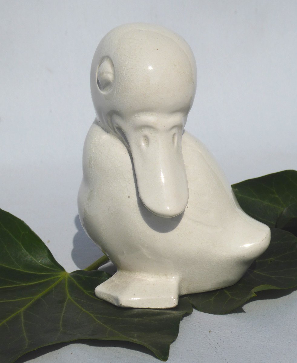 Duckling In White Cracked Faience From Saint Clement Luneville Epoque 1930 Art Deco Duck