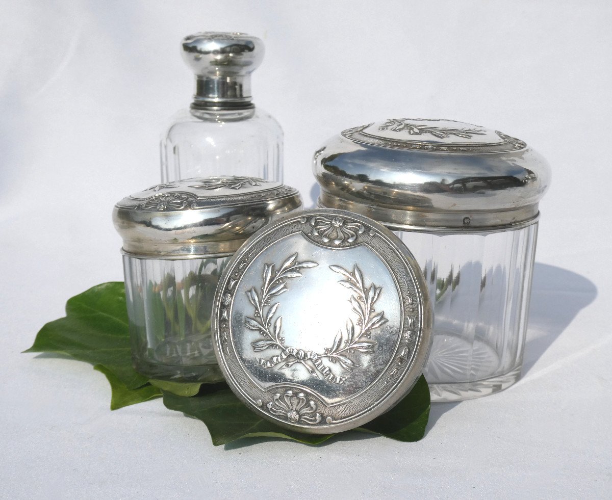 Garniture De Toilette En Argent Massif & Cristal , Flacons à Parfum XIX Style Empire Couronne -photo-3