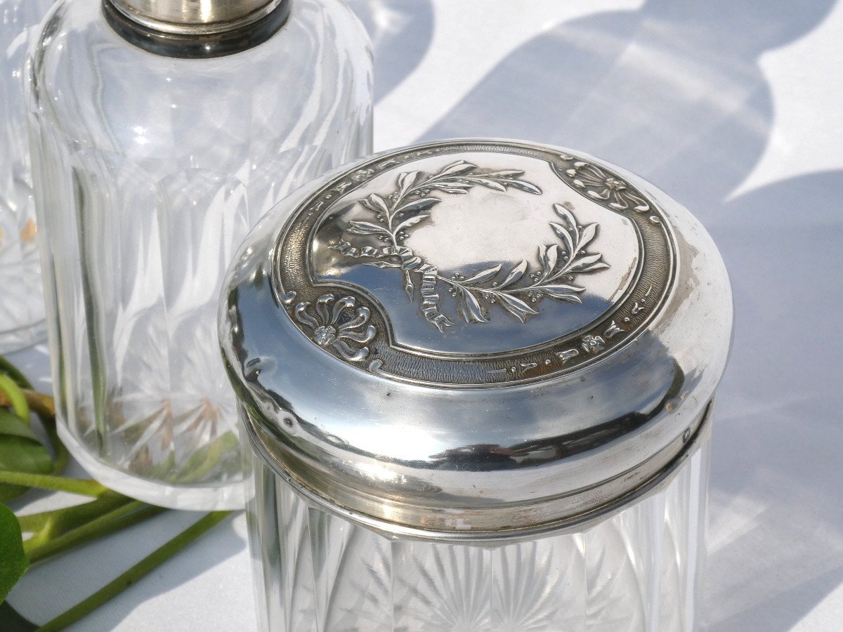 Garniture De Toilette En Argent Massif & Cristal , Flacons à Parfum XIX Style Empire Couronne -photo-3