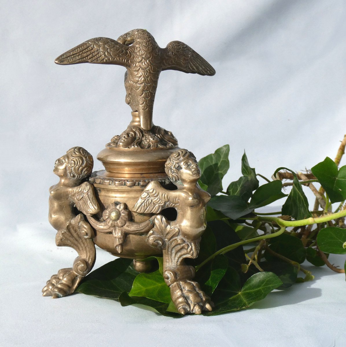 Office Inkwell In Bronze, Napoleon III Period, Chimeres & Phenix Nineteenth Writing Desk-photo-2