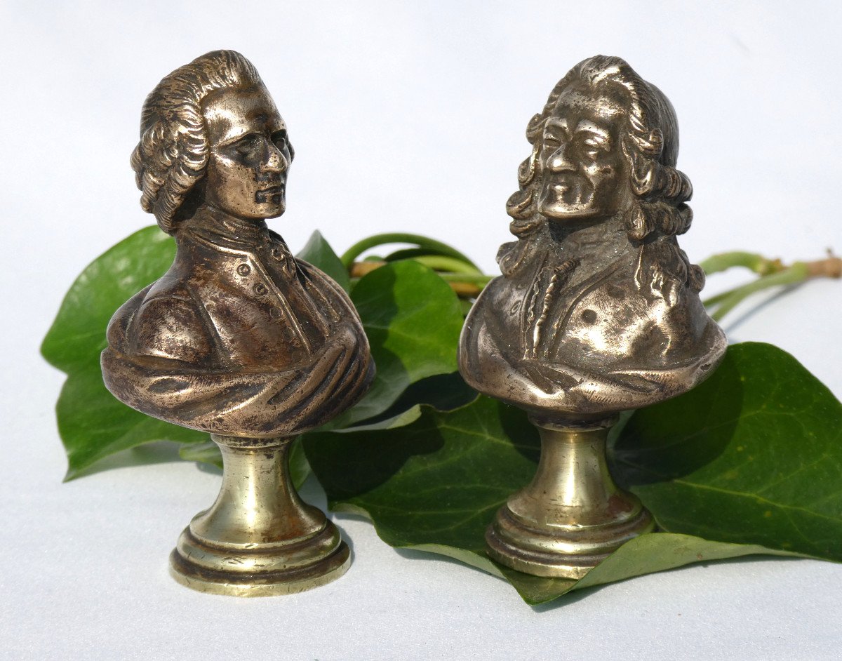 Pair Of Busts In Bronze, Voltaire & Jean Jacques Rousseau Eighteenth Philosopher Bust Lights