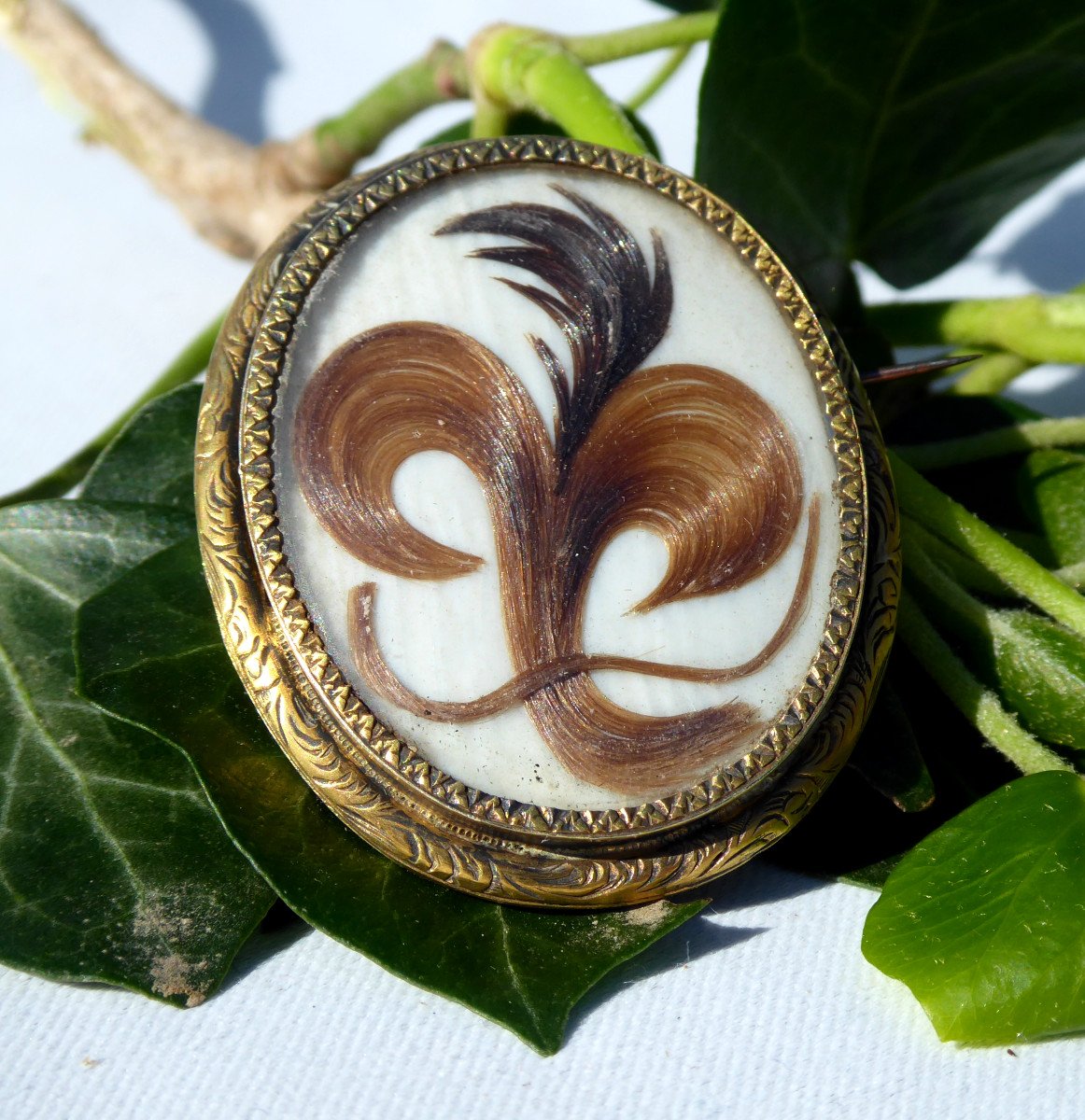 Napoleon III Hair Marquetry Brooch, 19th Century Pearl Silver Vermeil Jewel-photo-2