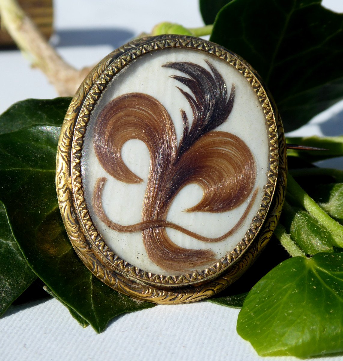 Broche En Marqueterie De Cheveux époque Napoléon III , Bijou XIXe Nacre Argent vermeil