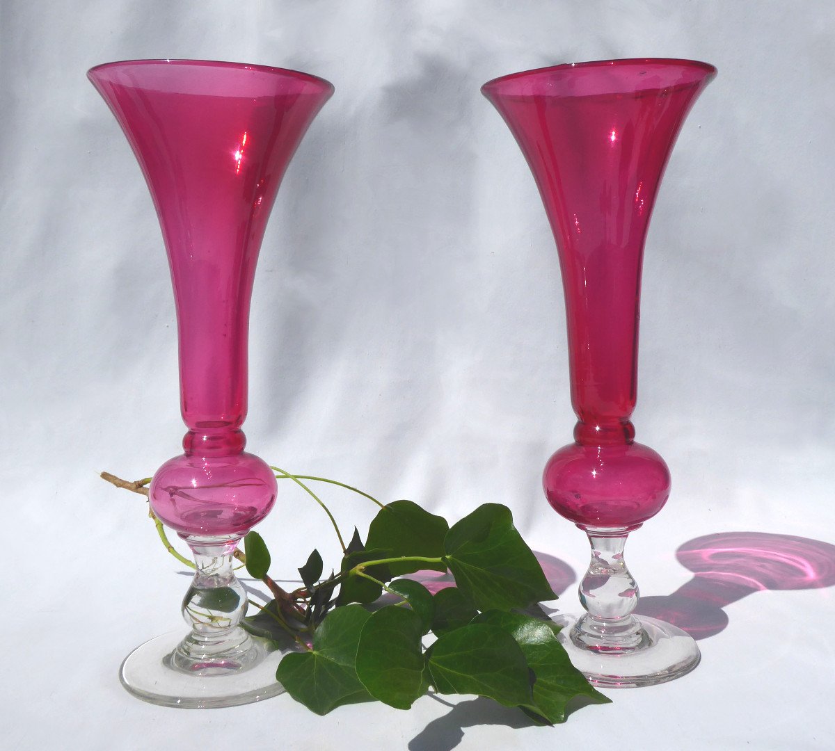 Pair Of Glass Cornet Vases Napoleon III Period, Crushed Raspberry Nineteenth Legras