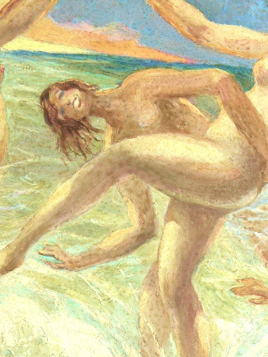 Huile Sur Toile d'époque Art Deco Jeunes Baigneuses Scène De Plage Signée Weyh J. 1925 Femme Nu-photo-4