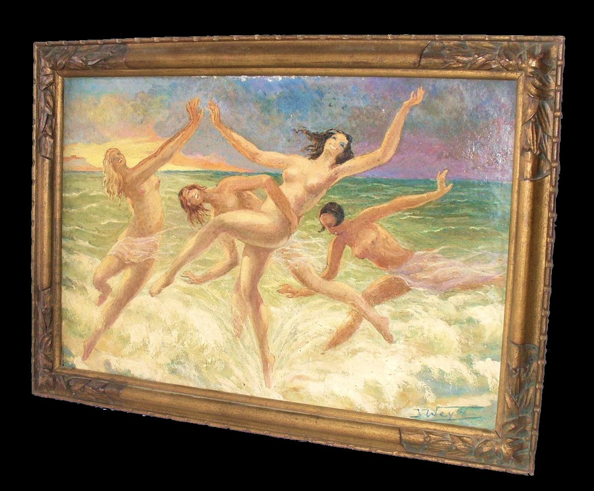 Oil On Canvas Art Deco Period Young Bathers Beach Scene Signed Weyh J. 1925 Naked Woman