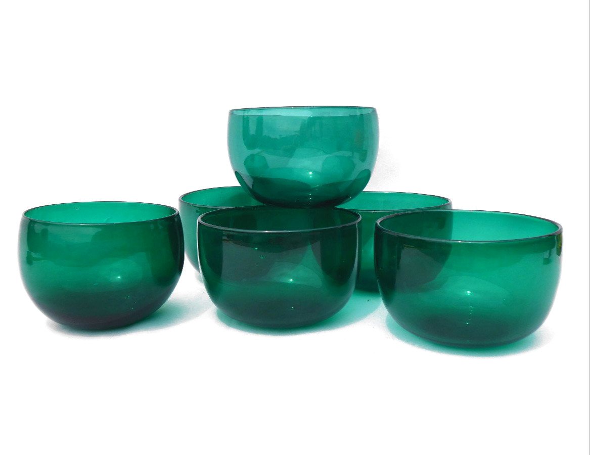 Serie De 5 Bols En Cristal , Coupes à Glace Coloris Bleu Vert 1920 Rince Doigts