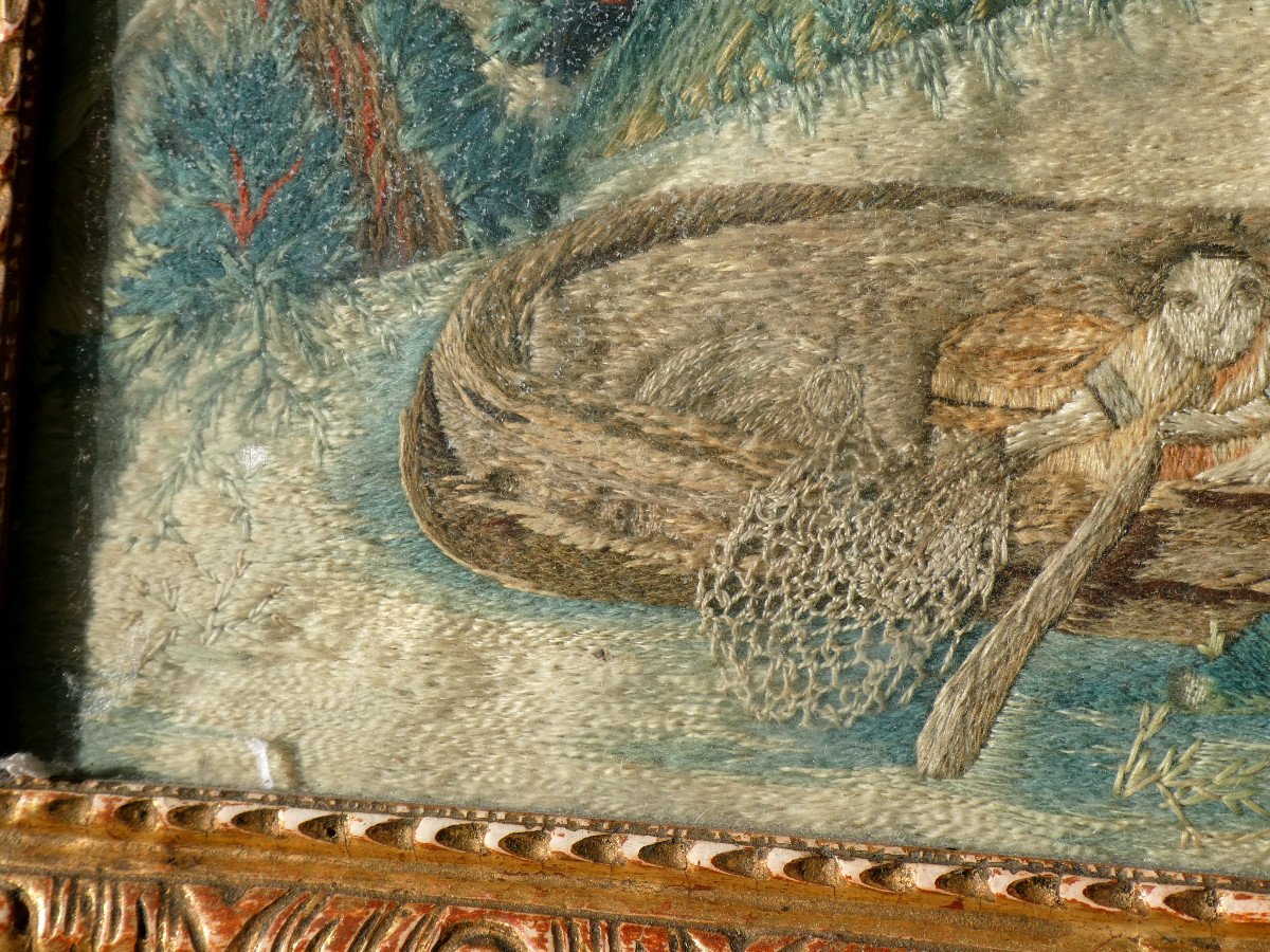 Broderie De Nancy Encadrée XVIIIe Peinture A l'Aiguille France Cadre Bois Dore Directoire 1800-photo-1