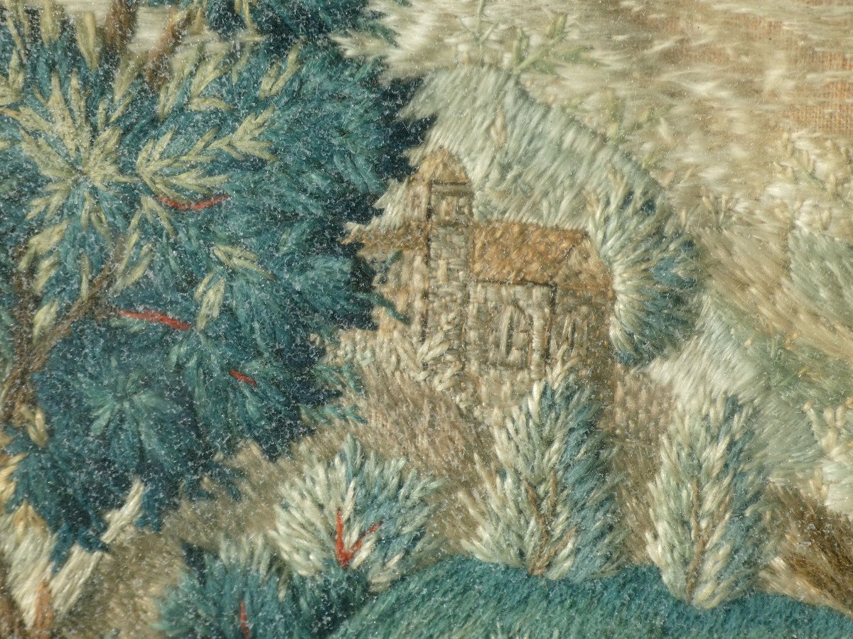 Broderie De Nancy Encadrée XVIIIe Peinture A l'Aiguille France Cadre Bois Dore Directoire 1800-photo-3