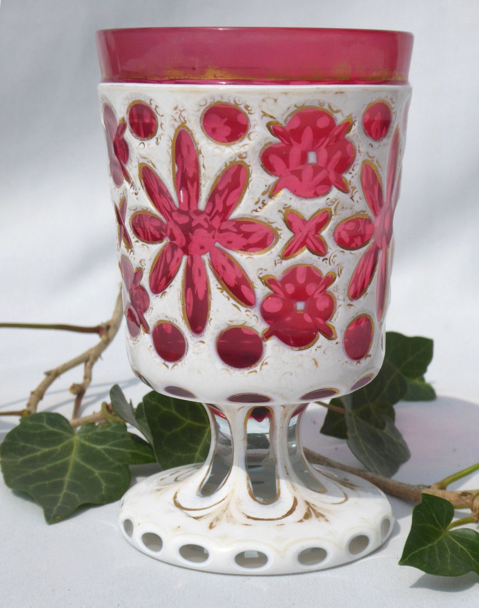 Barfatan Overlay Glass Violets Vase, Nineteenth, Bohemian, Gothic Pink Napoleon III Glass