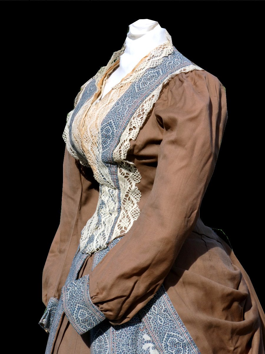 Robe à Tournure époque XIXe Siecle , Costume d'Interieur Vers 1880 1890 Plaid Cachemire Laine -photo-3