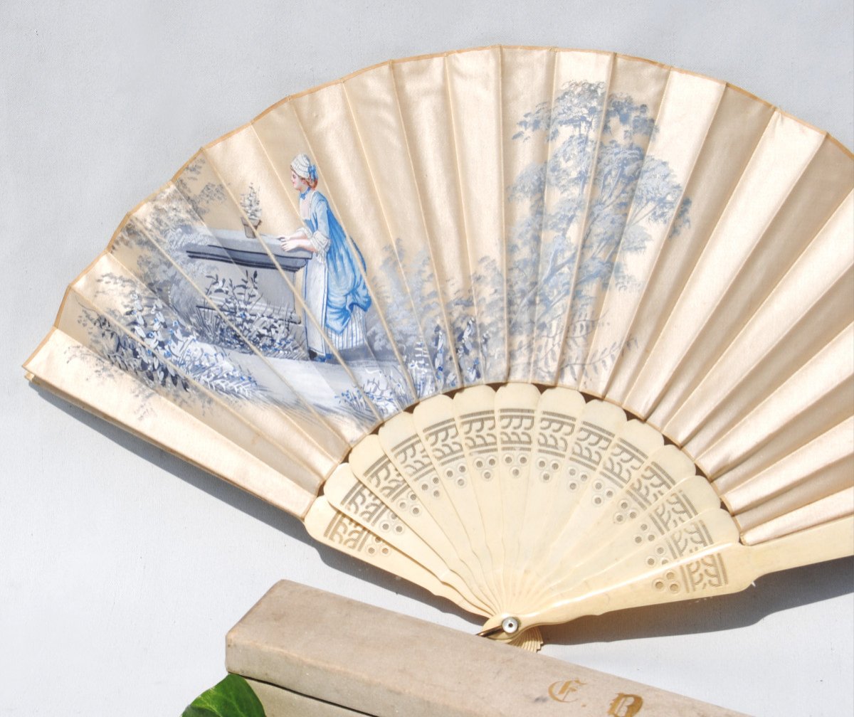 Evening Fan 1890 Original Box Painted Leaf With Ivory Servant Decor Nineteenth-photo-3