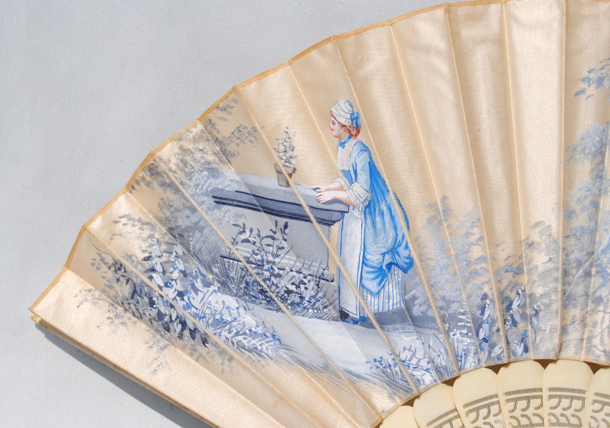 Evening Fan 1890 Original Box Painted Leaf With Ivory Servant Decor Nineteenth-photo-4