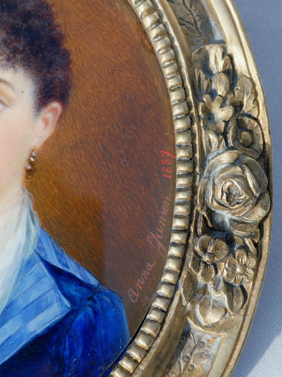 Large Miniature Painting On Ivory Portrait Young Woman 1880 Signed Anne Jumont Bronze Frame-photo-3