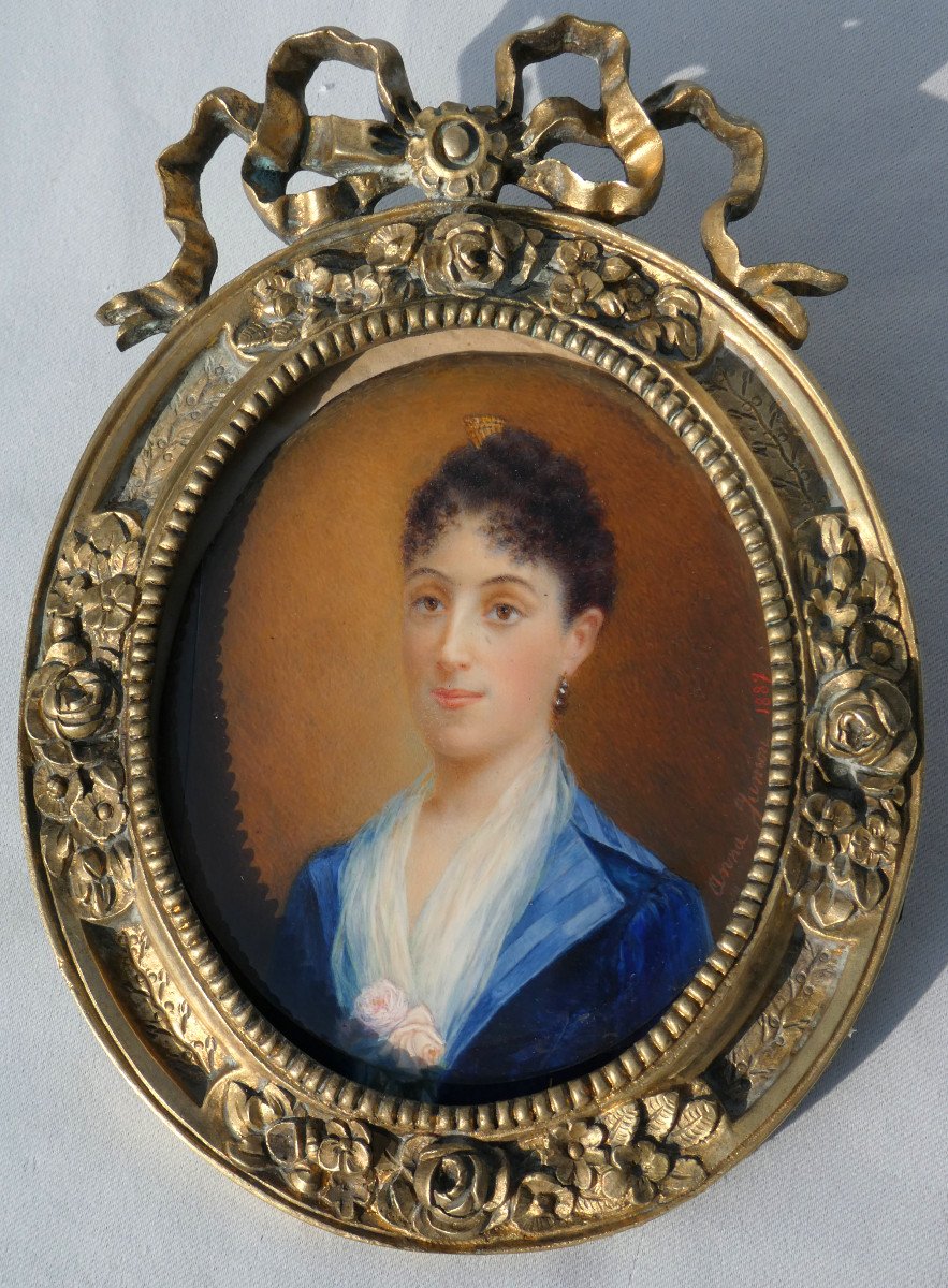 Large Miniature Painting On Ivory Portrait Young Woman 1880 Signed Anne Jumont Bronze Frame