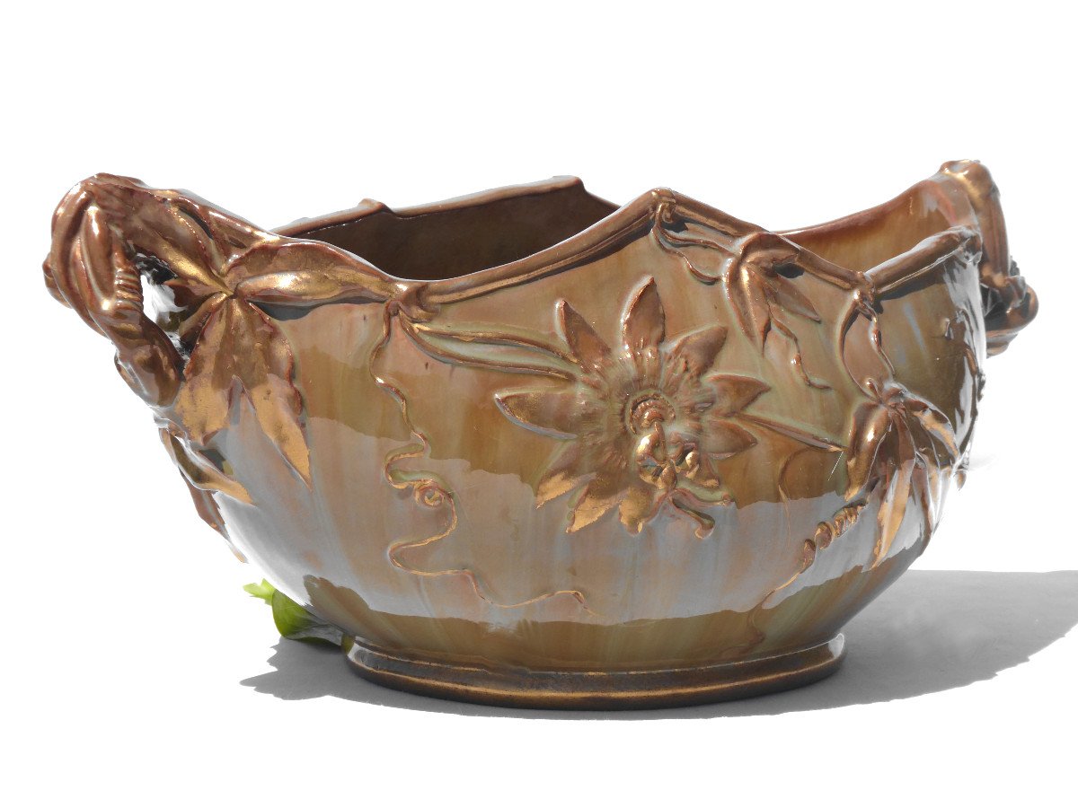 Jardiniere Clement Massier In Art Nouveau Earthenware Cache Pot Gulf Juan Vallauris Slip Nineteenth-photo-4