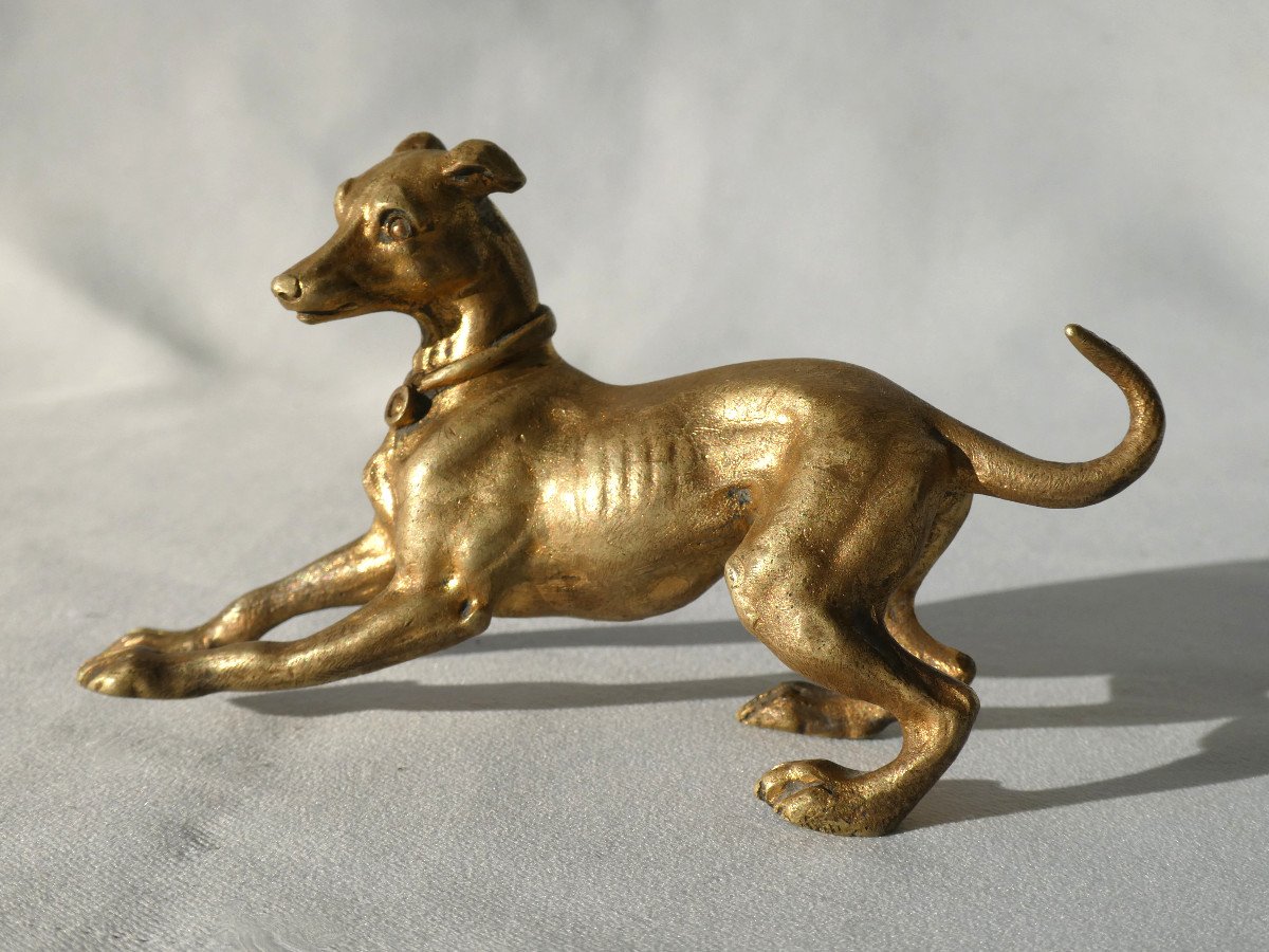 Dog Subject In Gilt Bronze, Greyhound, Vienna Bronze Nineteenth Napoleon III