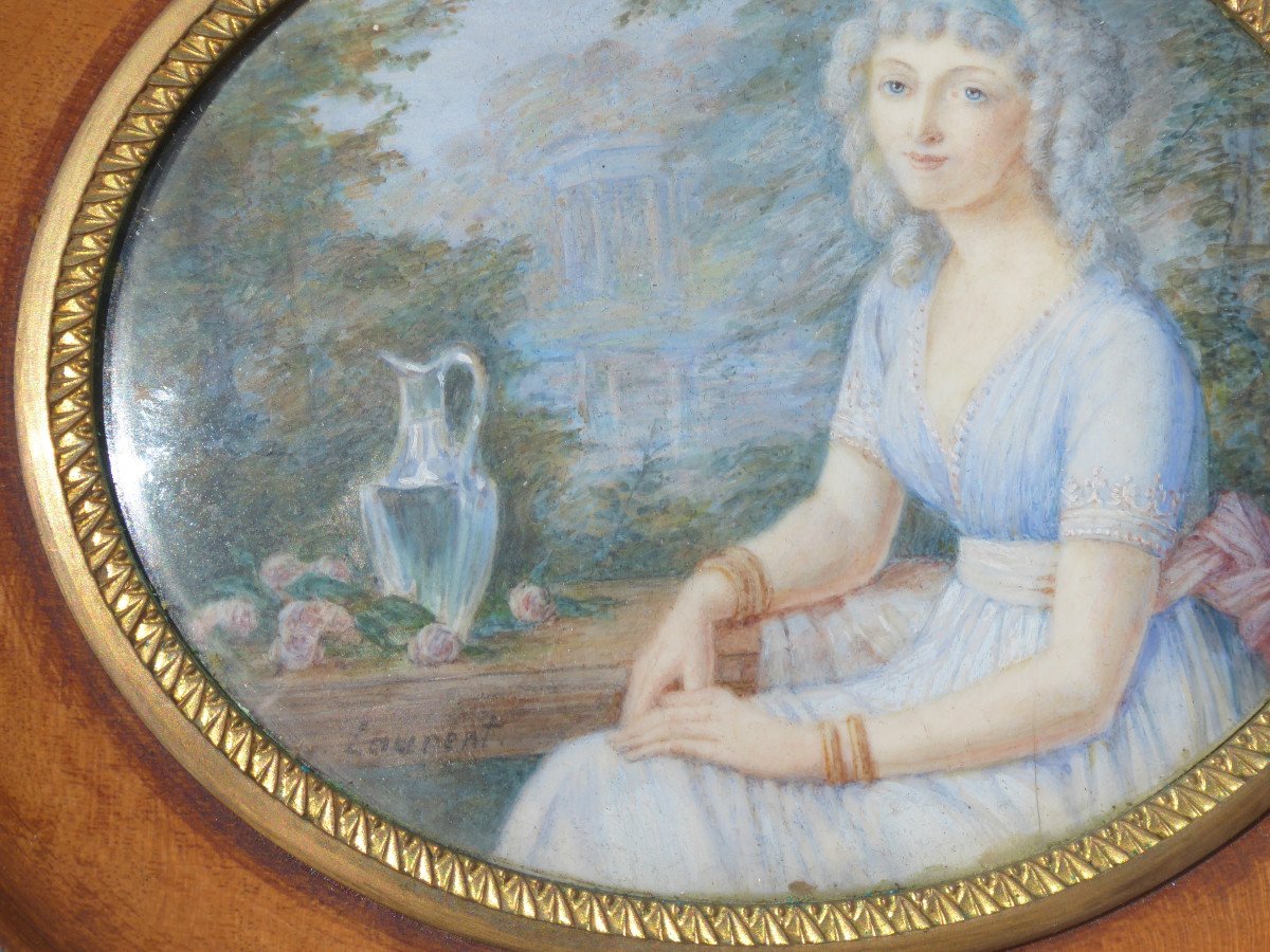 Grande Peinture Miniature Epoque XIXe Jeune Femme En Hébé Style Marie Antoinette-photo-4