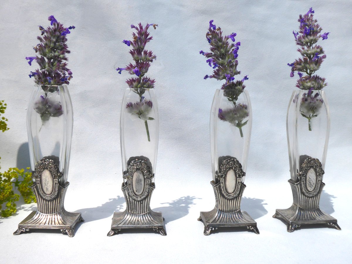 Serie De Vases En Cristal Gravé Et Metal Argenté Wmf Chemin De Table 1915 Style Louis XVI-photo-2