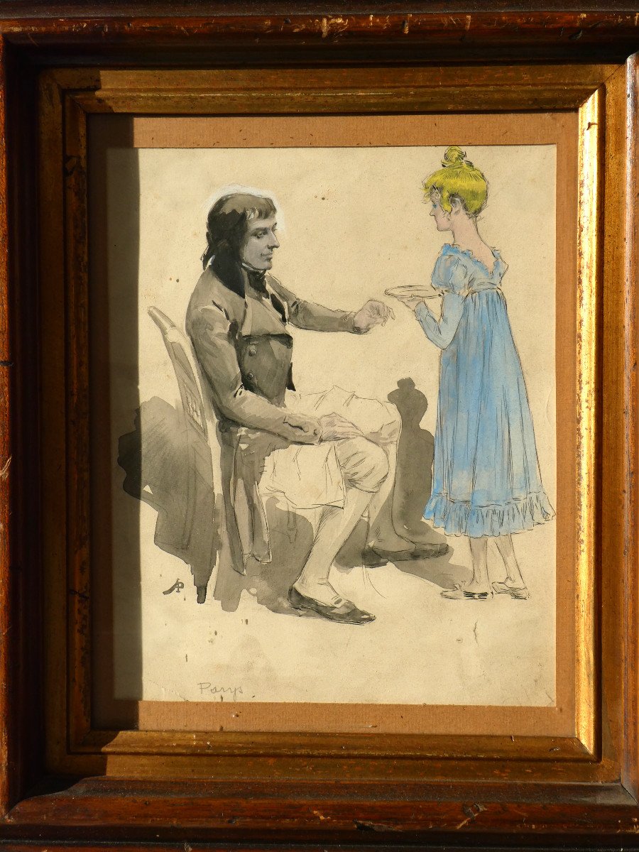 Watercolor Napoleon III Period, Bonaparte And Empire Style Servant; Nineteenth Drawing Signed Parys