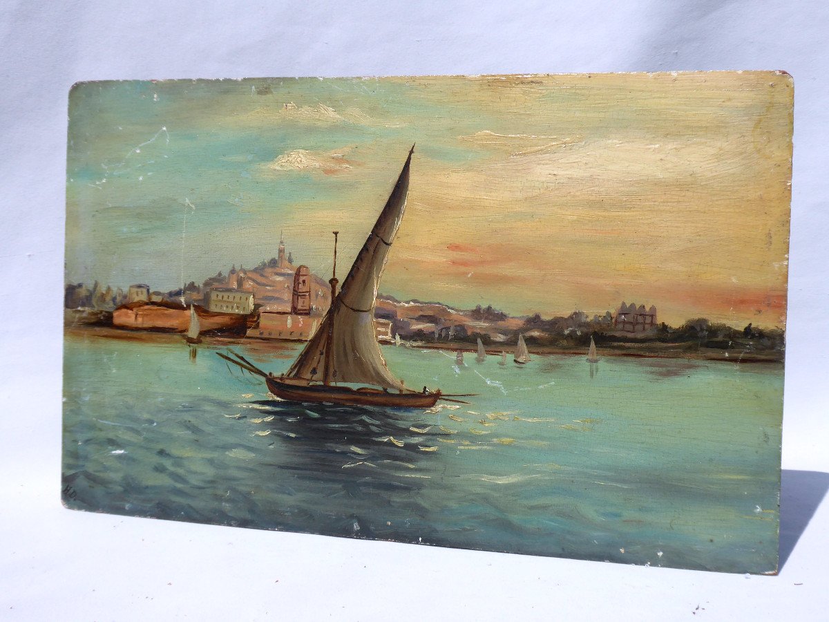 Pair Of Oil On Wood Panel, Seaside Study, Marseille Mediterranean, Navy Nineteenth-photo-1