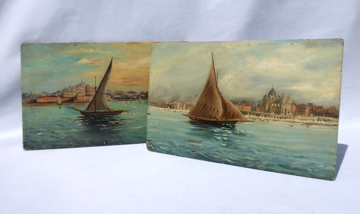 Pair Of Oil On Wood Panel, Seaside Study, Marseille Mediterranean, Navy Nineteenth