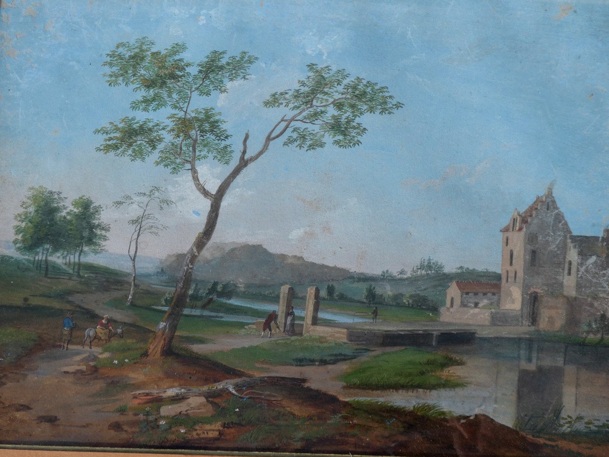 Gouache époque Empire , Décor De Paysage , Scene De Campagne Vers 1800 , XIXe-photo-2