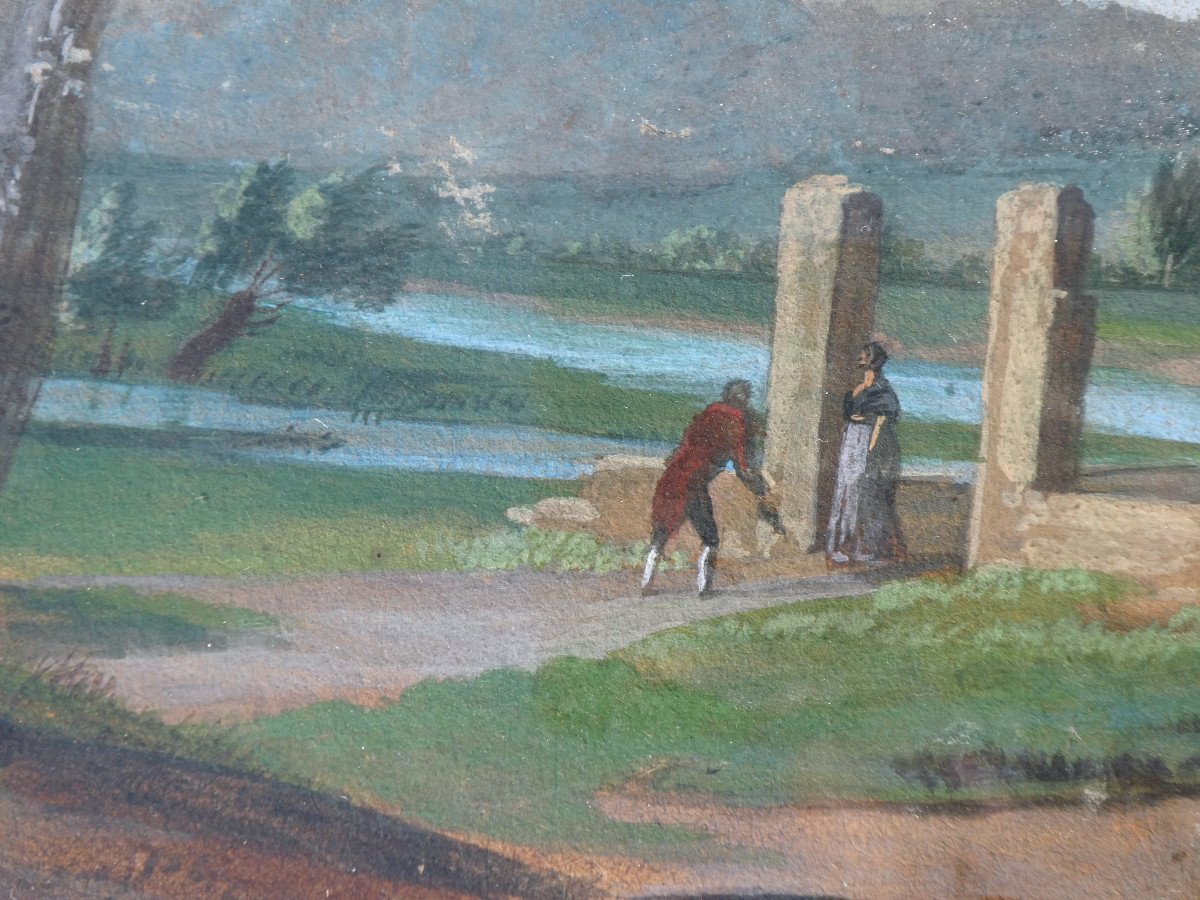 Gouache époque Empire , Décor De Paysage , Scene De Campagne Vers 1800 , XIXe-photo-3