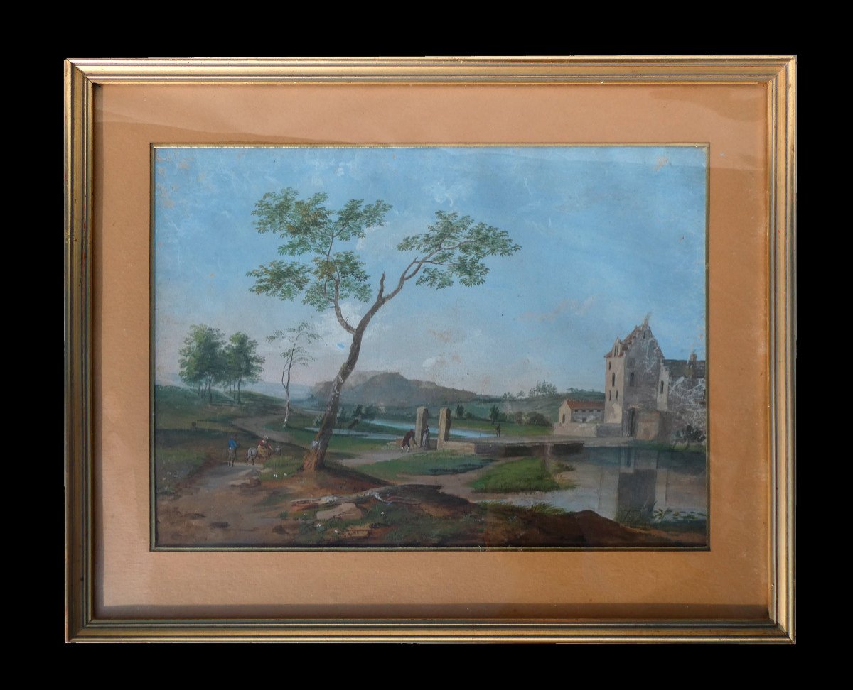 Gouache époque Empire , Décor De Paysage , Scene De Campagne Vers 1800 , XIXe-photo-1