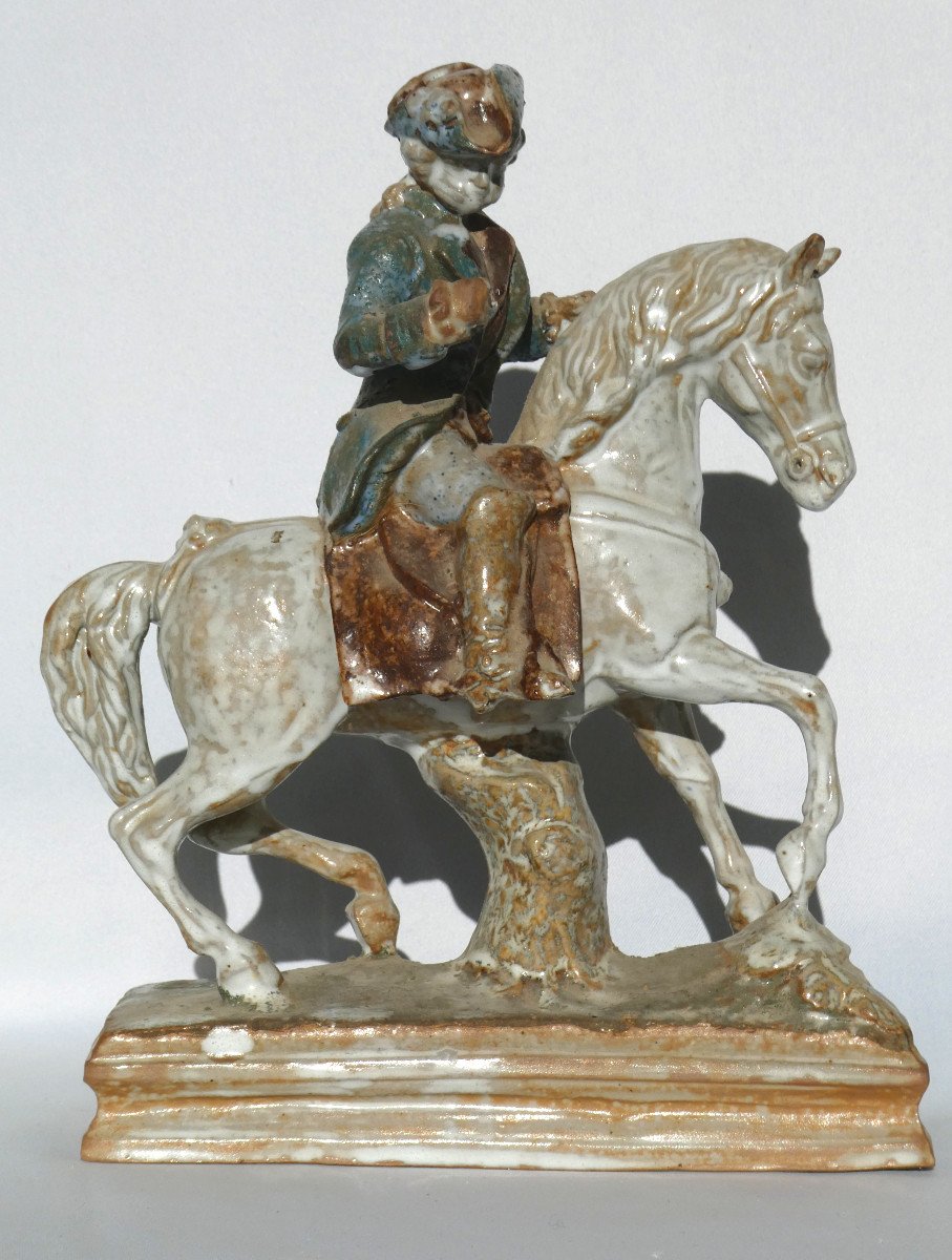 Sculpture Equestre En Grés Flammé , Jeune Marquis Sur Cheval Frederich II De Prusse XIXe -photo-2