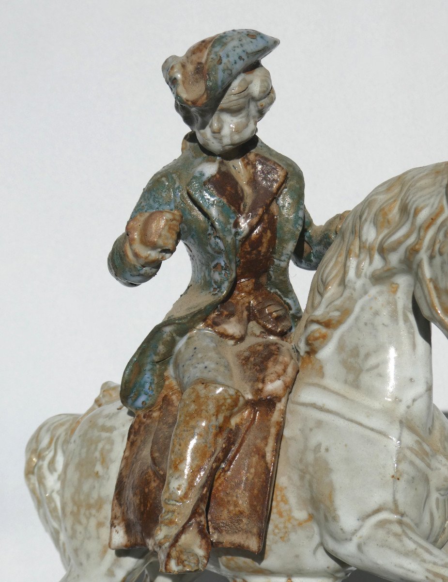 Sculpture Equestre En Grés Flammé , Jeune Marquis Sur Cheval Frederich II De Prusse XIXe -photo-4