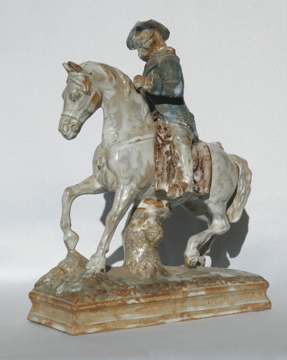 Sculpture Equestre En Grés Flammé , Jeune Marquis Sur Cheval Frederich II De Prusse XIXe -photo-2