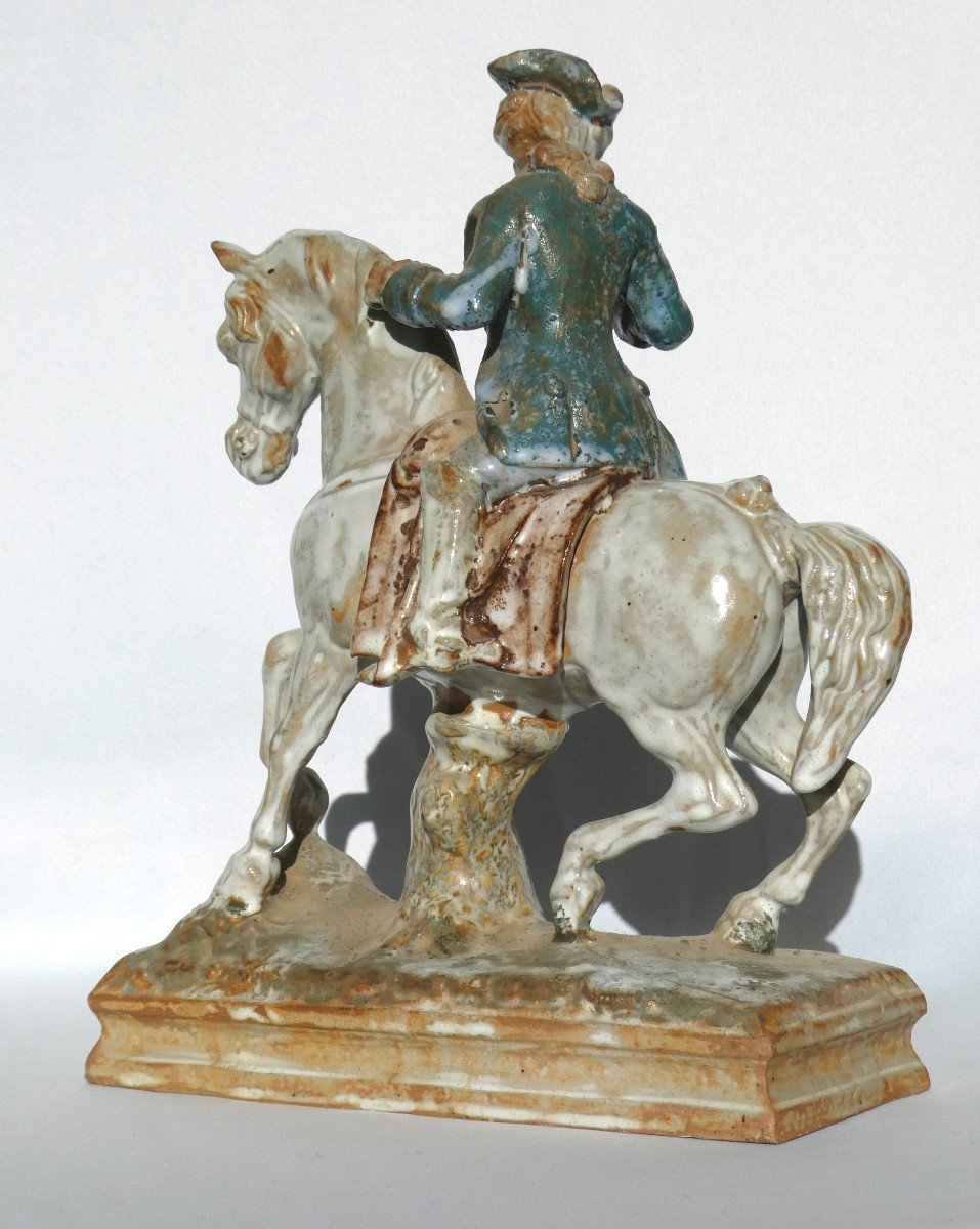 Sculpture Equestre En Grés Flammé , Jeune Marquis Sur Cheval Frederich II De Prusse XIXe -photo-3